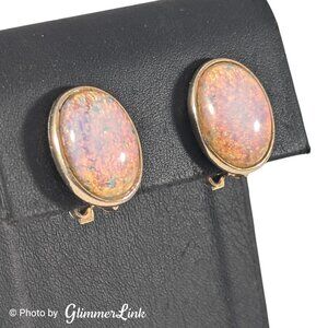 Vintage Foiled Glass Opal Cabochon Gold Tone Clip On Earrings